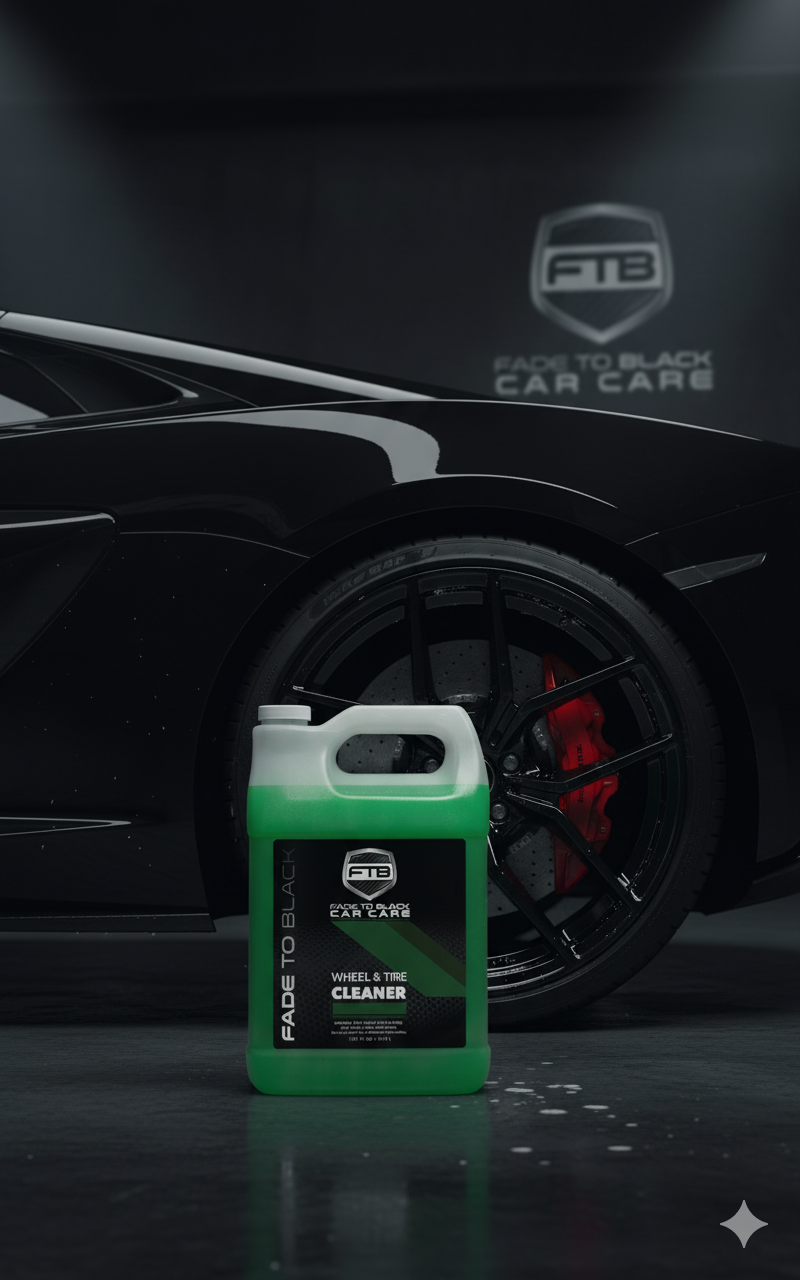 Fade To Black wheel & tire cleaner in front of a blacked-out supercar